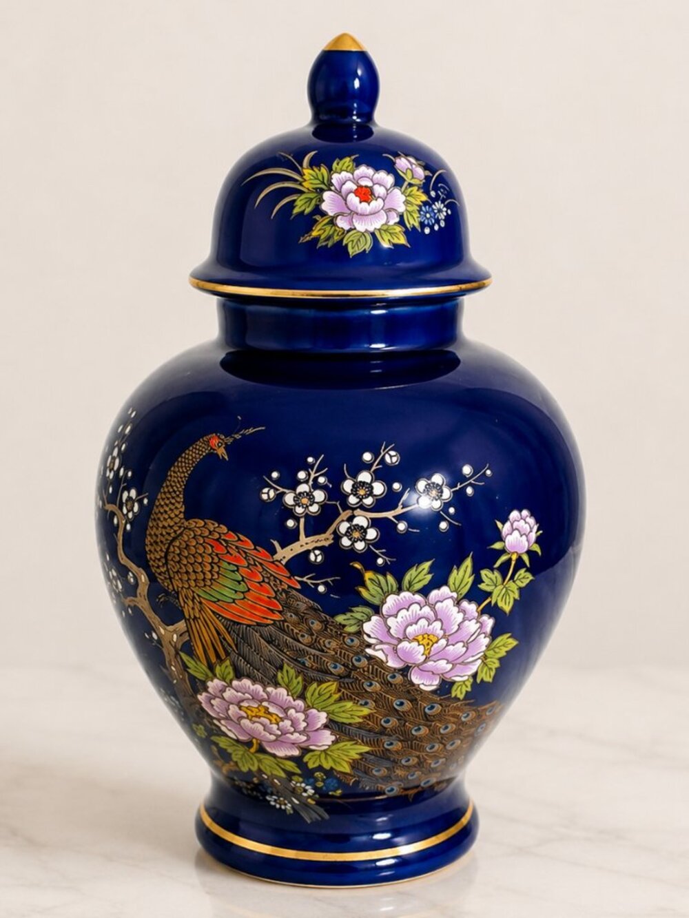 Vintage Japanese Blue Porcelain Ginger Jar with Peacock & Floral Design – 8”
